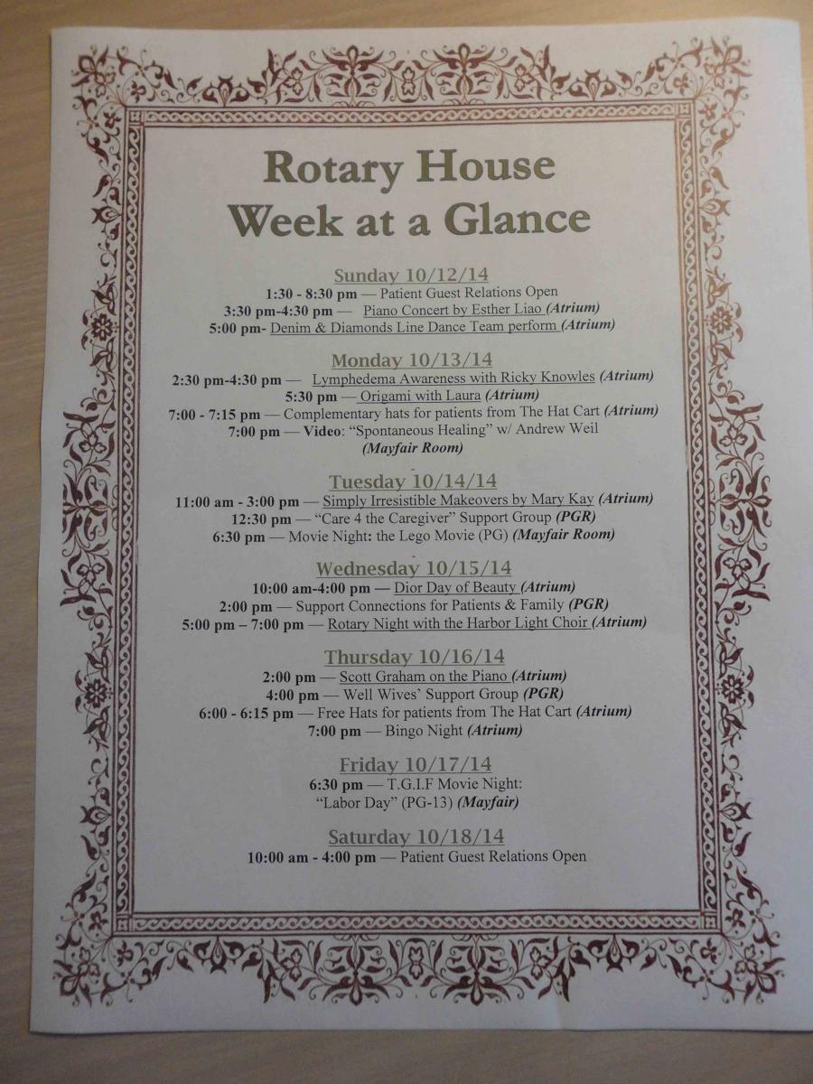 MD Anderson Rotary House schedule